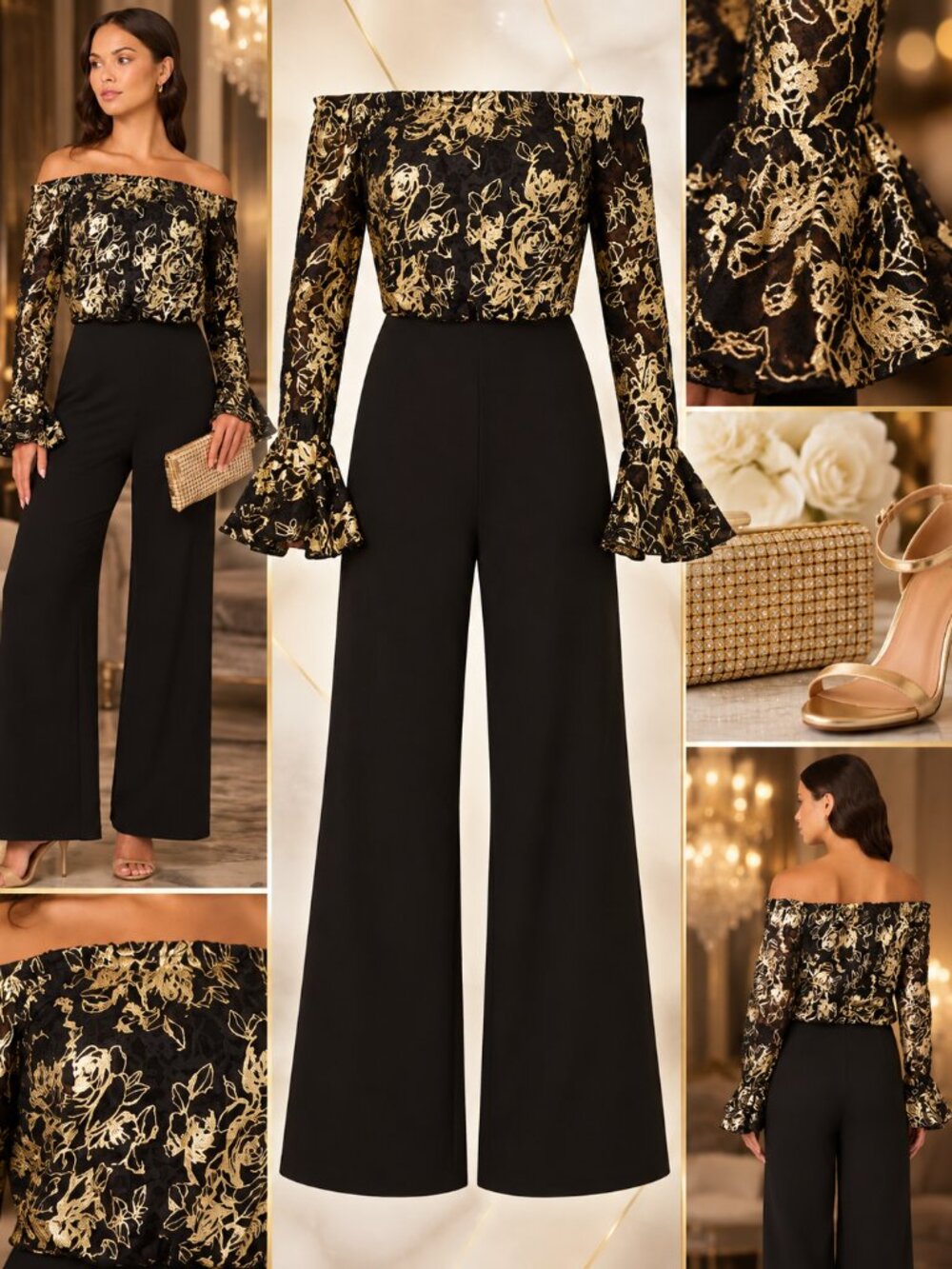 Adrianna Papell Black Gold Lace Off Shoulder Wide Leg Jumpsuit Size 14 NWT